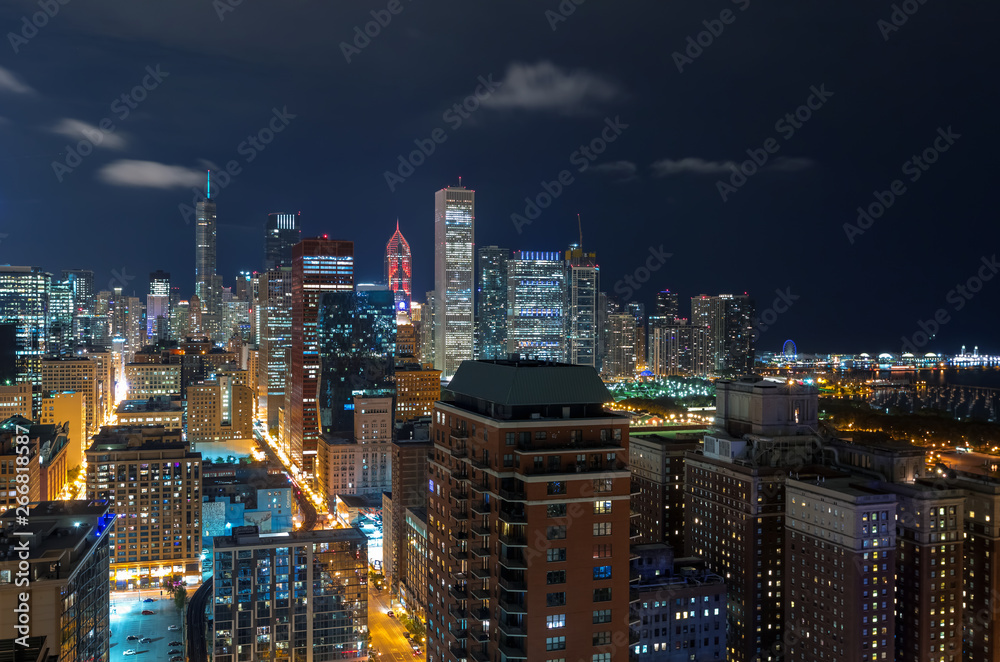 Chicago skyline skyscrapers at night from above Chicago skyline skyscrapers at night from above