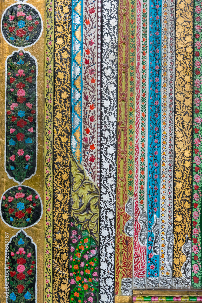 Beautiful colorful paper mache handicraft of Kashmir exterior Ancient Khanqah e Moula or Shah e Hamadan wooden Mosque in old town