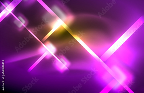 Neon shiny light lines on black, techno modern template photo