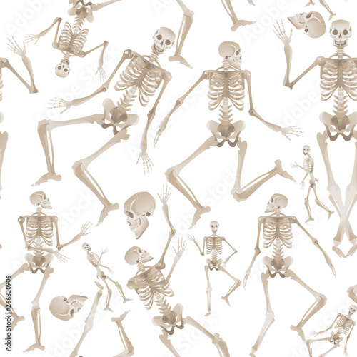 Seamless pattern of white human skeletons dancing and moving