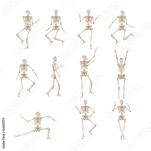 Cheerful skeleton in different poses dancing and jumping Halloween objects.