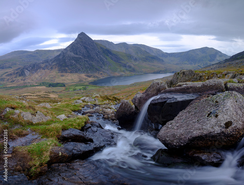 Tryfan in spring with the Afon Lloer in flow over the waterfalls  Wales.