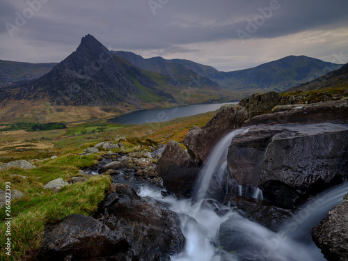 Tryfan in spring with the Afon Lloer in flow over the waterfalls, Wales.