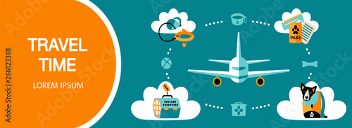 Flat style icons of traveling with a pet, planning a summer vacation, tourism and journey objects. Design template card with elements of trip and text. Vector illustration.