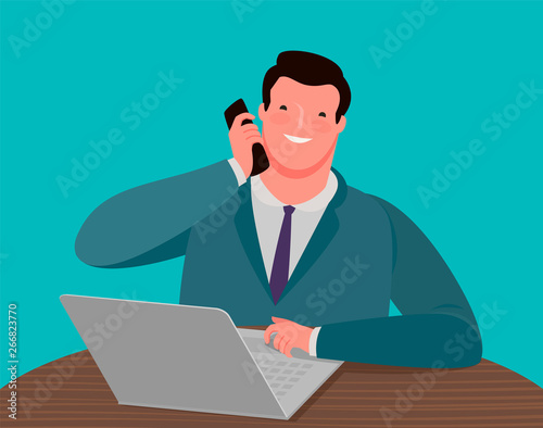 Businessman talking on the phone while sitting at the desk in front of a laptop. Business vector illustration