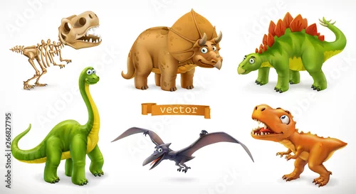 Obraz Postać z kreskówki dinozaurów. Brachiozaur, pterodaktyl, tyrannosaurus rex, szkielet dinozaura, triceratops, stegozaur. Śmieszne zwierzę 3d wektor zestaw ikon