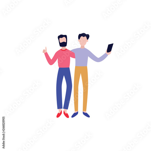 Vector happy flat men friend hugging making selfie