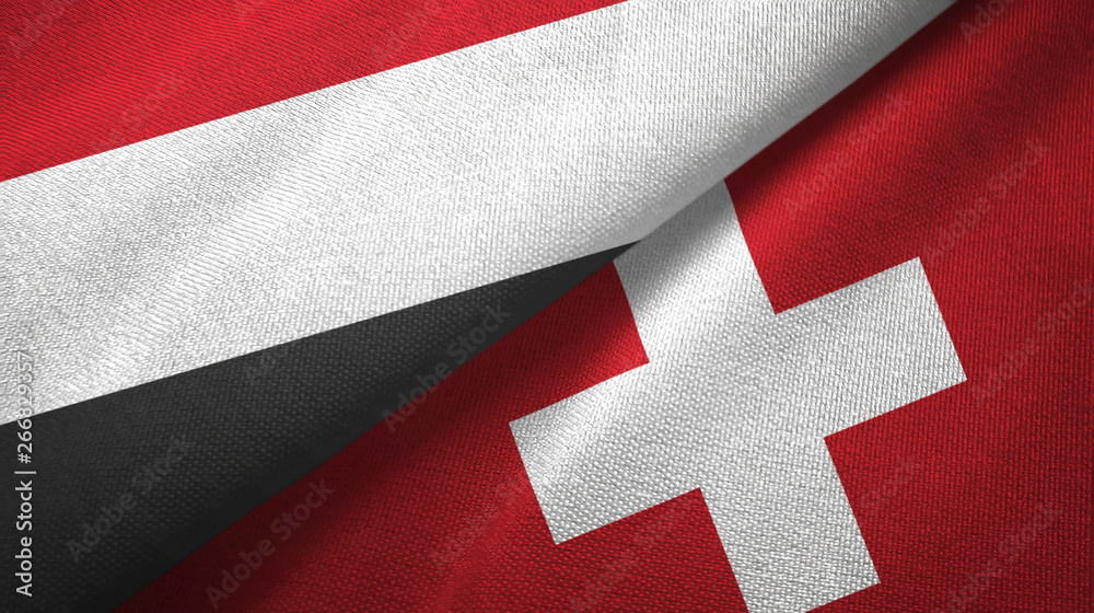 Yemen and Switzerland two flags textile cloth, fabric texture