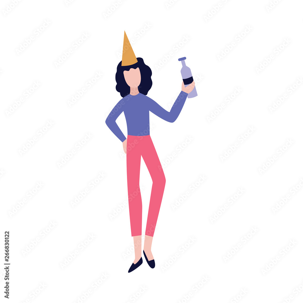 Happy drunk girl with party hat celebrating birthday