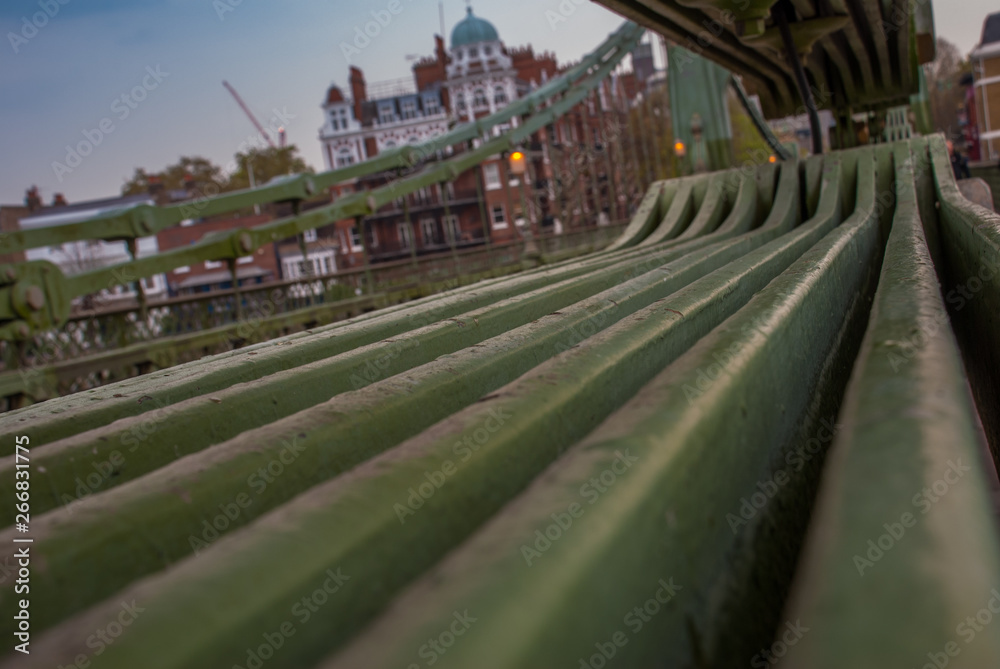 The steel structure of the Hammersmith Bridge in the west side of London The first suspension bridge that crossed the River Thames from Hammersmith to Barnes