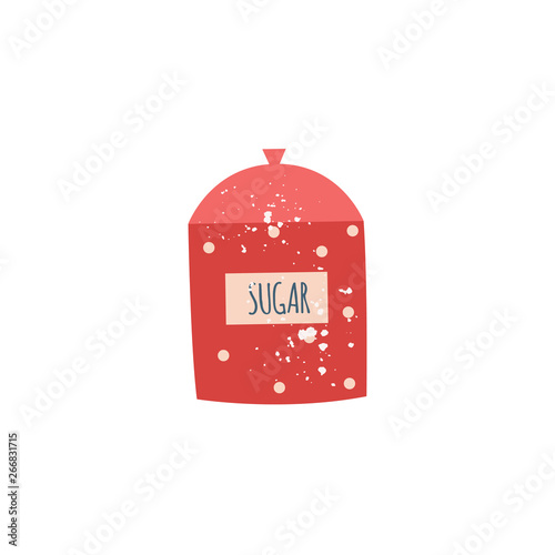 Red polka dot ceramic sugar bowl with cover in flat cartoon style