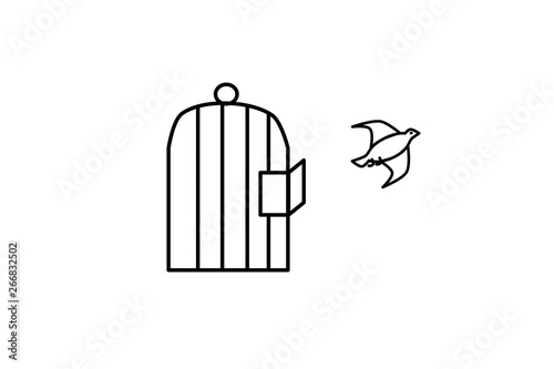 Vector. Icon illustration isolated. The bird flies away from the open cage. Symbol of freedom.