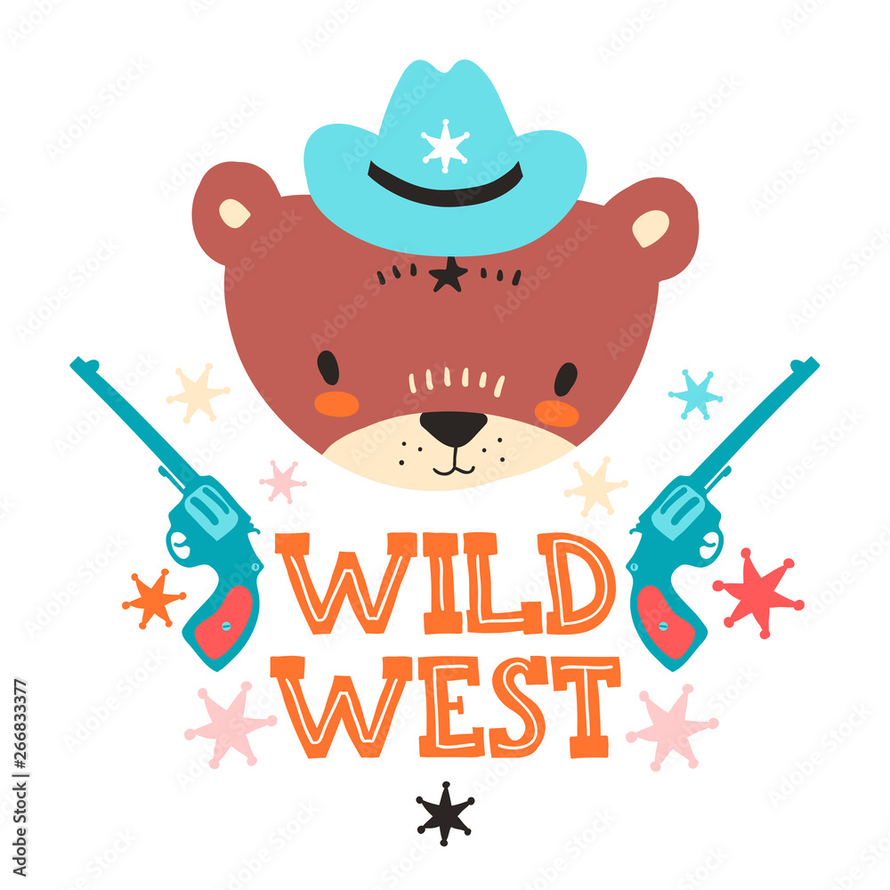 Cute cowboy baby bear. Hand drawn vector illustration. For kid's or baby's shirt design, fashion print design, graphic, t-shirt, kids wear.