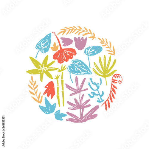 Vector round illustration with hand drawn textured prehistoric plants. Naive kid drawn style.