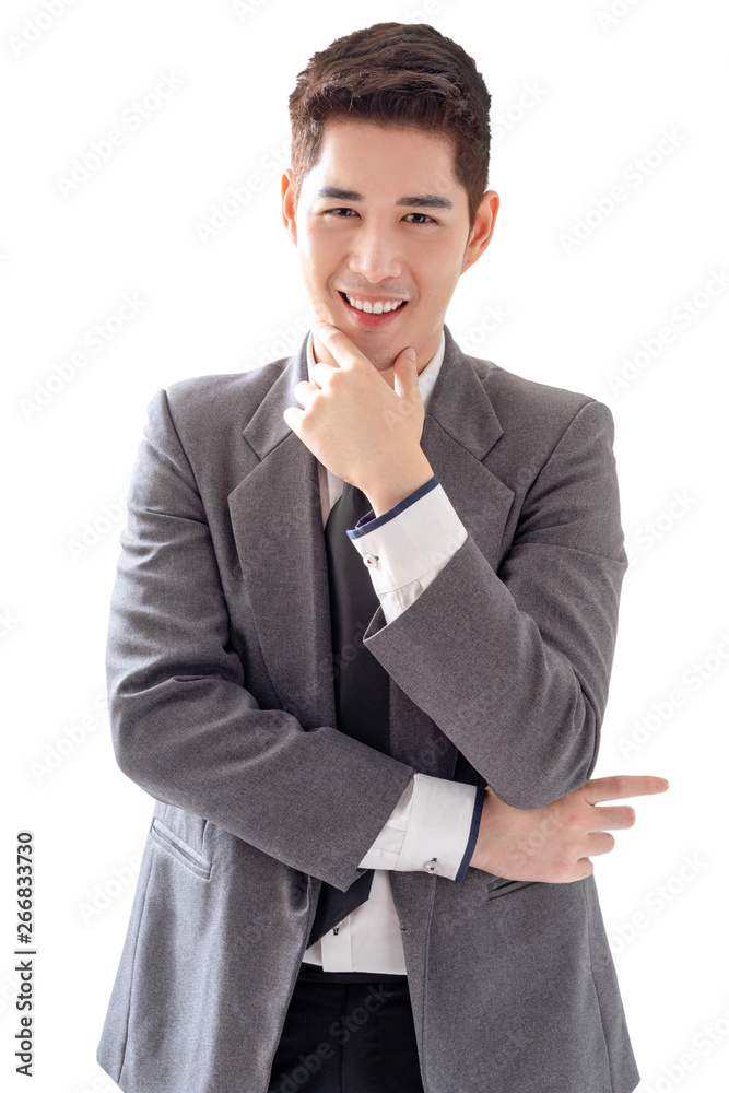 Happy young businessman in suit looking at camera on white background, isolated concept Happy young businessman in suit looking at camera on white background, isolated concept