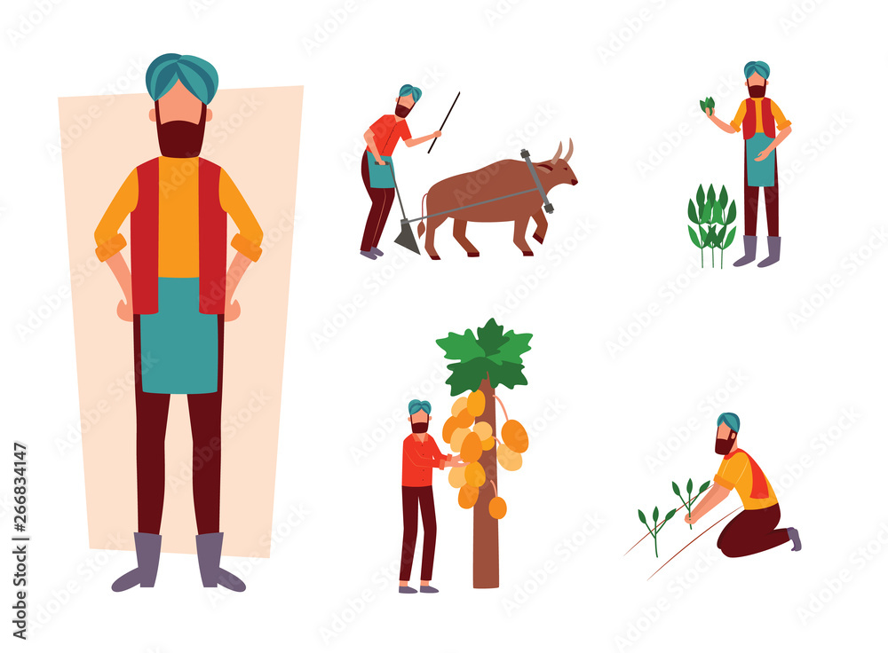 Set of Indian farmer and his work activity in field flat cartoon style