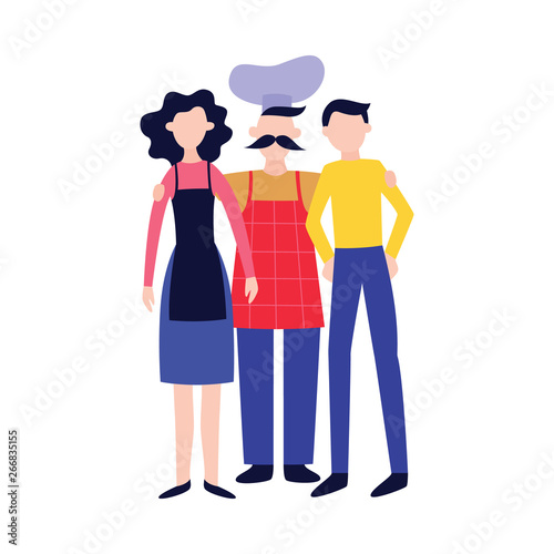 Chef and cooks man and woman standing together flat cartoon style