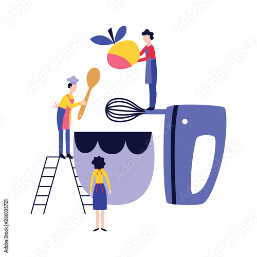 Small people cooking fruit dish in huge bowl via giant mixer flat cartoon style