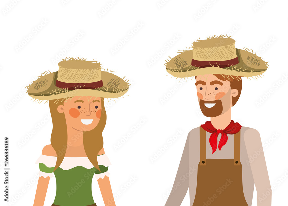 farmers couple talking with straw hat farmers couple talking with straw hat