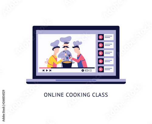 Online culinary video recipes on laptop screen and text flat cartoon style