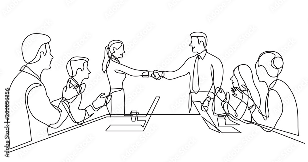 two team members shaking hands in front of work team - single line drawing