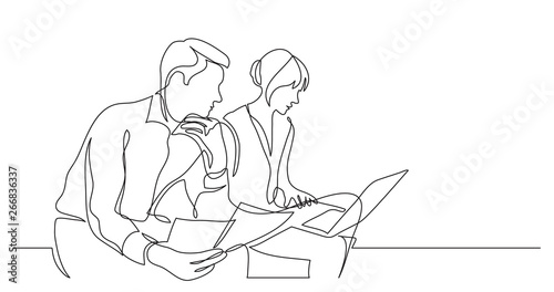 two coworkers working on documents with laptop computer - single line drawing