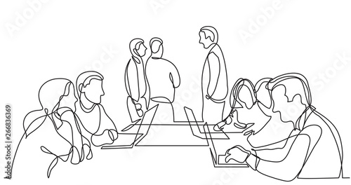 work team discussion in conference room - single line drawing