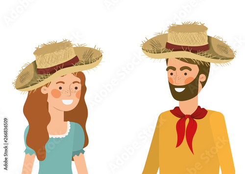 farmers couple talking with straw hat