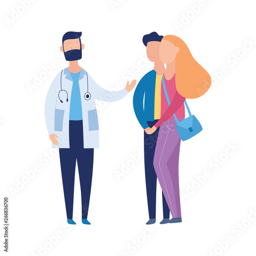 Couple and doctor on infertility consultation flat vector illustration isolated.