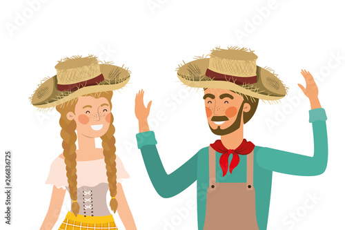 farmers couple talking with straw hat