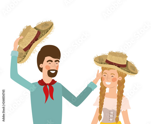 farmers couple talking with straw hat