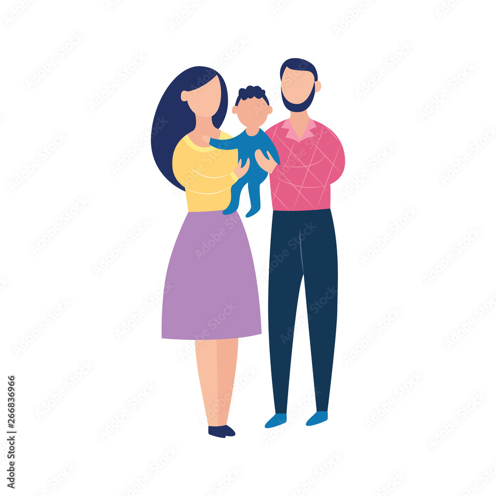 Young couple holding a baby, happy cartoon family