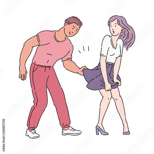 Young man peeks girl or woman under the skirt. Sexual harassment and abuse, violence and bullying.