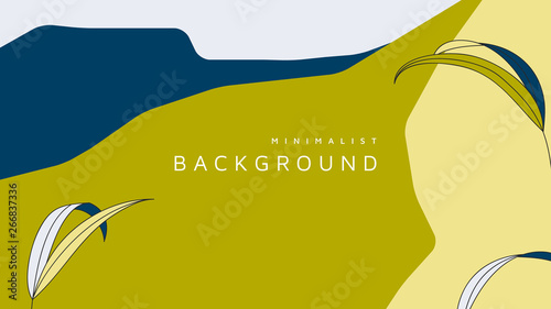 Minimalist abstract background, palm leaves and graphic shapes in green and blue tones