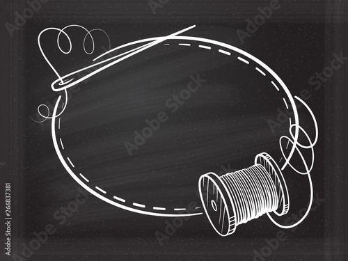 Vector vintage horizontal oval frame with sewing tools on a chalkboard background