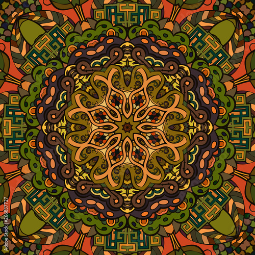 Seamless tracery tile mehndi design. Ethnic ornament, colorful doodle symmetry texture. Folk traditional spiritual tribal design. Curved doodling motif. Color art. Vector
