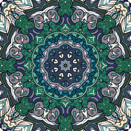 Seamless tracery tile mehndi design. Ethnic ornament, colorful doodle symmetry texture. Folk traditional spiritual tribal design. Curved doodling motif. Color art. Vector