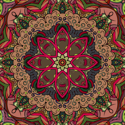 Seamless tracery tile mehndi design. Ethnic ornament, colorful doodle symmetry texture. Folk traditional spiritual tribal design. Curved doodling motif. Color art. Vector