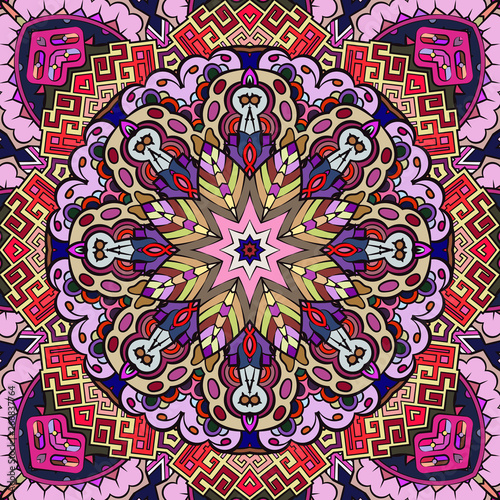 Seamless tracery tile mehndi design. Ethnic ornament, colorful doodle symmetry texture. Folk traditional spiritual tribal design. Curved doodling motif. Color art. Vector