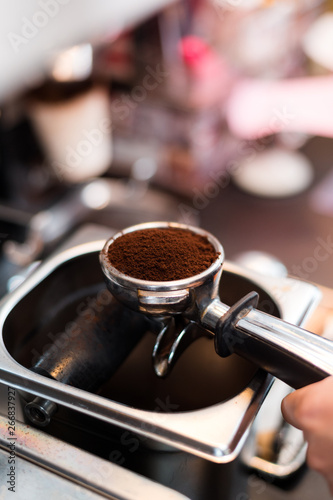 Coffee powder on coffee tamper