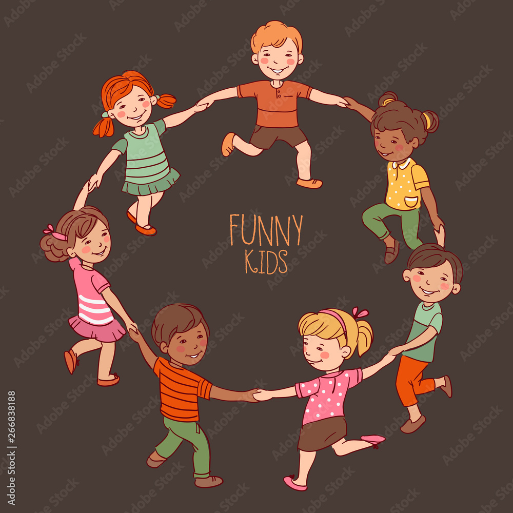 Happy Kids Holding Hands And Dancing In A Circle Cute Boys And Girls Having Fun Cartoon Outline Style Stock Vector Adobe Stock
