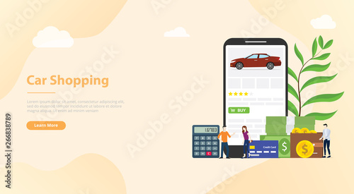 online car shopping e-commerce technology with smartphone app for website template banner or landing homepage - vector