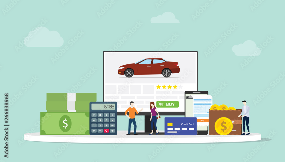 online car shopping e-commerce technology with team people and finance team on website computer - vector online car shopping e-commerce technology with team people and finance team on website computer - vector