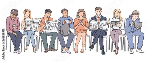 People holding newspaper, tablets and phones
