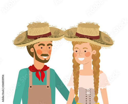 farmers couple talking with straw hat