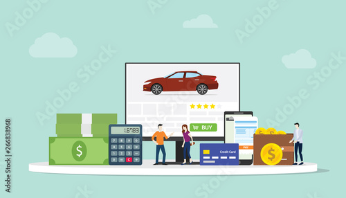 online car shopping e-commerce technology with team people and finance team on website computer - vector