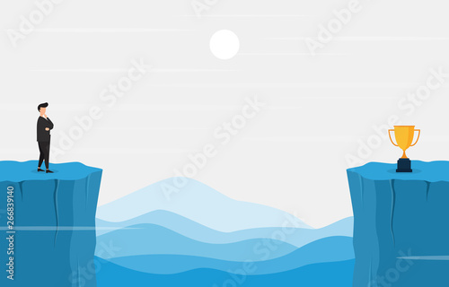 Businessman on Cliff Thinking How to Reach Target with Obstacle Business Concept Illustration