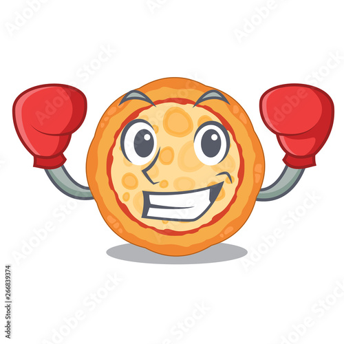 Boxing cheese pizza served on cartoon board