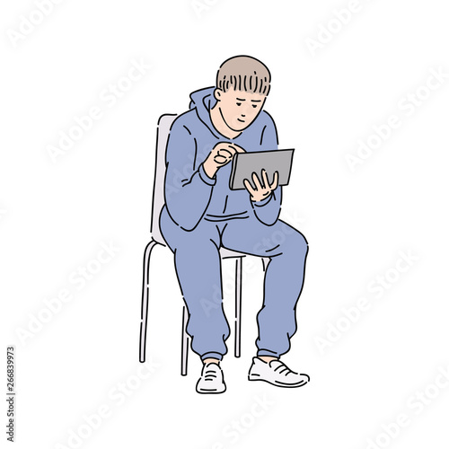 Urban young man in casual look getting news from his tablet sketch vector.