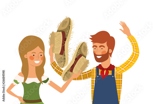 farmers couple talking with straw hat